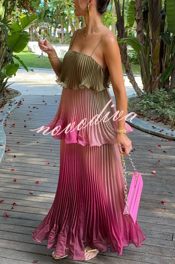 Exquisite Pleated Organza Gradient Print Layered Ruffles Slip Maxi Dress