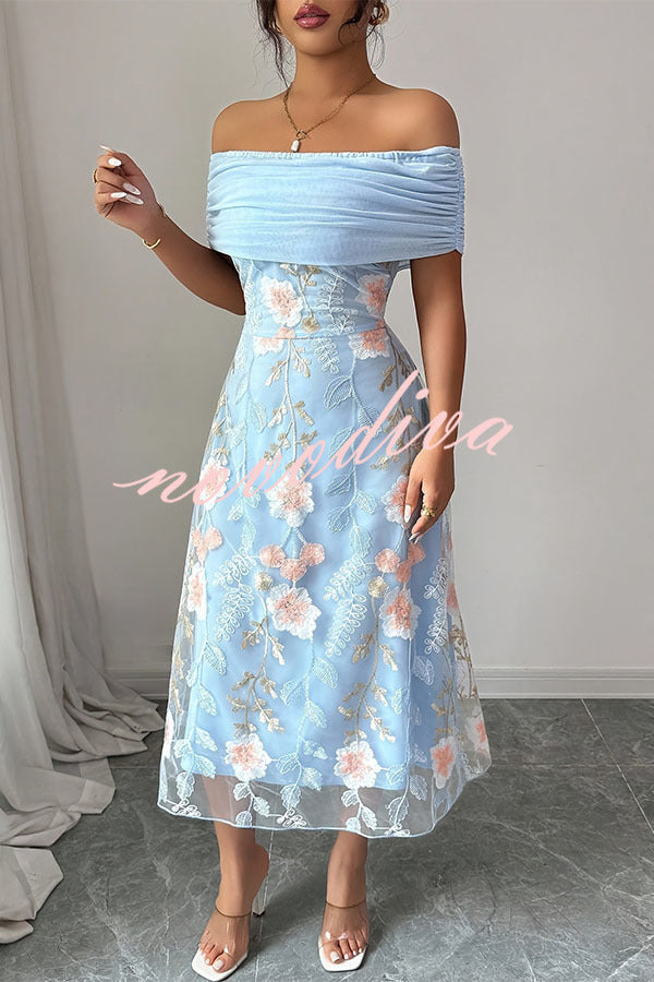 Elegant Ruched Off-Shoulder Floral Appliqué Midi Dress