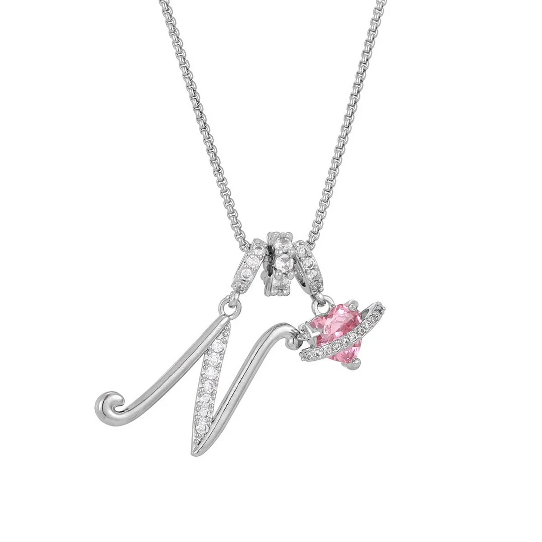Carmelle - Collier Initiale Avec Cœur Rose Brillant