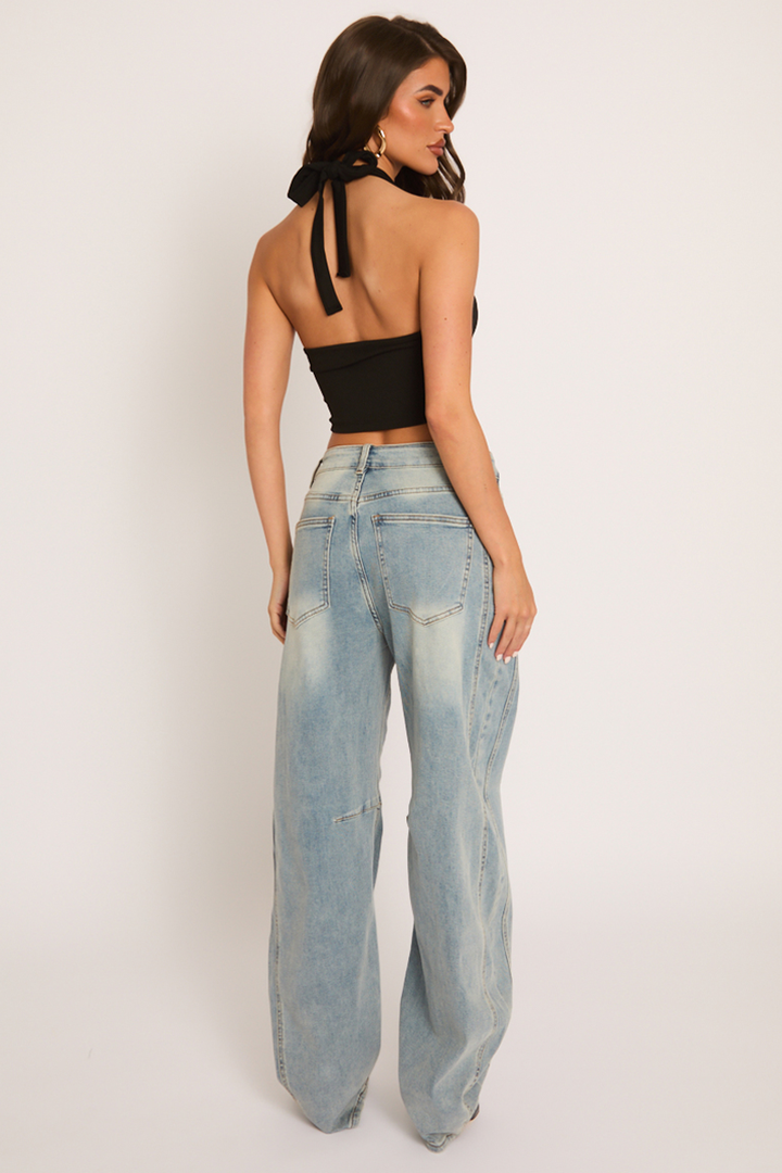 Zwarte Halterneck Crop Top met Ruche Detail – Taylor