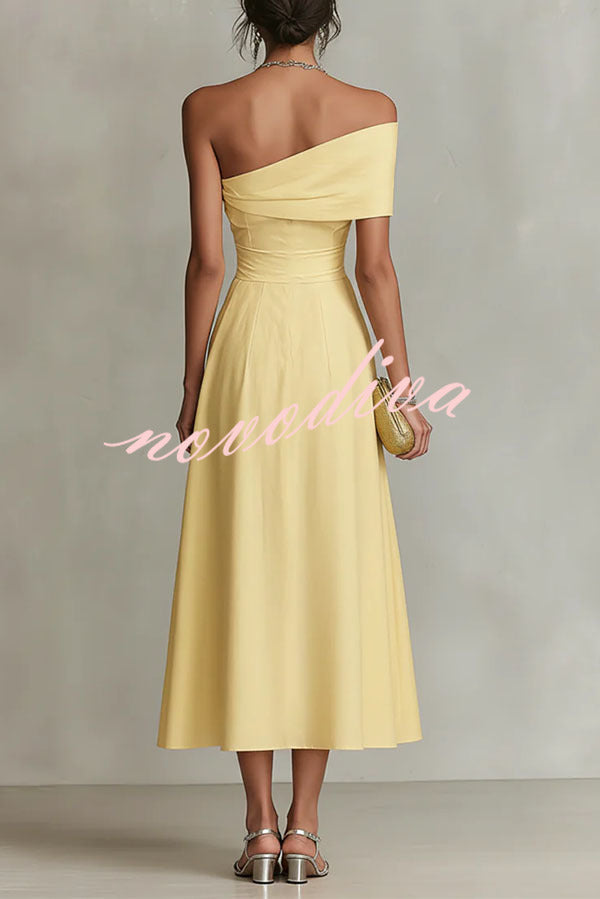 Chic One-Shoulder A-Line Midi Dress with Pockets