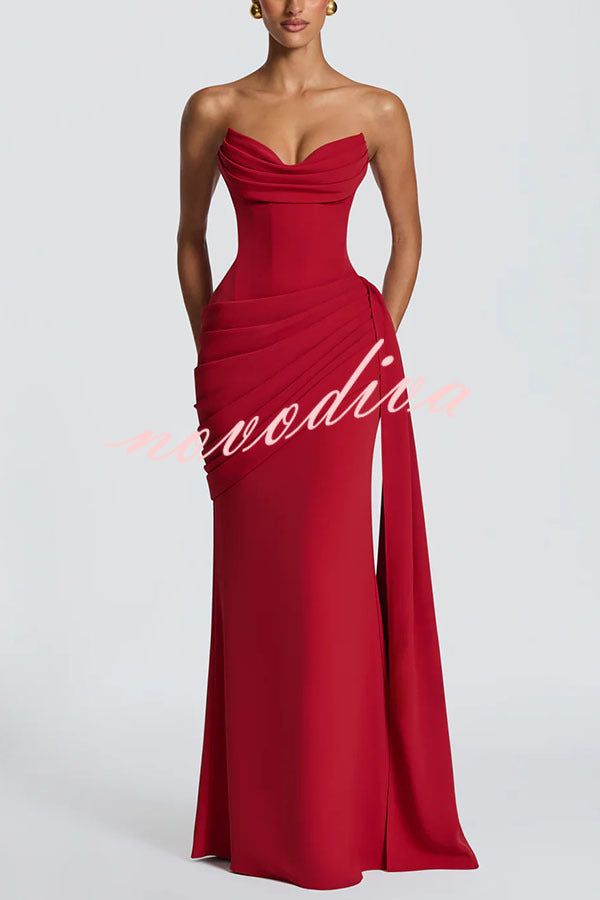 Matisse Strapless Pleated Cowl Overlay Back Lace-up Drape Panel Maxi Dress