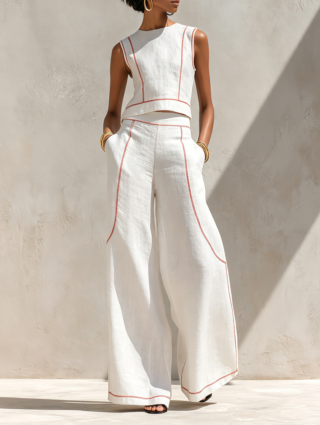 Amélie Contrast-Stitch Linen Blend Set
