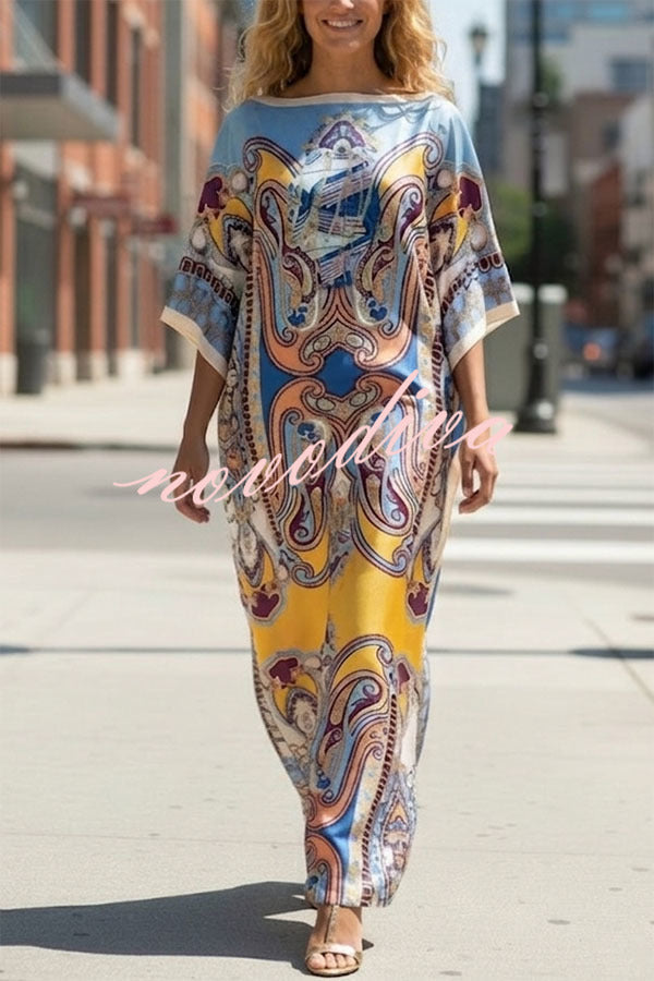 Luxury Vacation Satin Court-style Printed Batwing Sleeve Loose Kaftan Maxi Dress