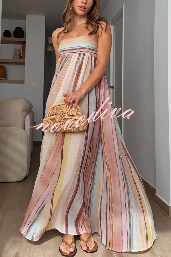 Sindie Linen Blend Colorful Striped Print Back Smocked Strpless Flare Maxi Dress