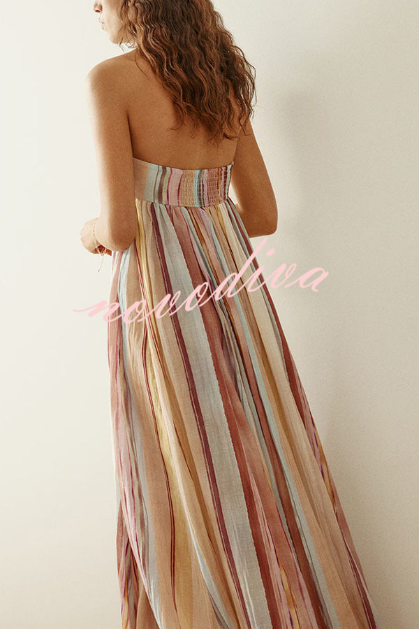 Sindie Linen Blend Colorful Striped Print Back Smocked Strpless Flare Maxi Dress