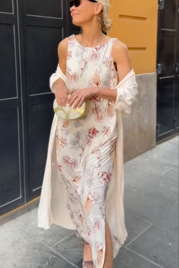 Riviera Unique Print Slit Tank Midi Dress and Satin Kimono Cover-up Two Pieces Set