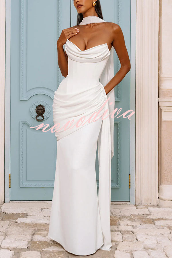 Matisse Strapless Pleated Cowl Overlay Back Lace-up Drape Panel Maxi Dress