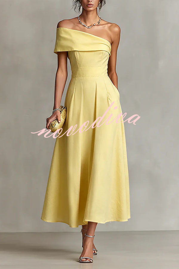 Chic One-Shoulder A-Line Midi Dress with Pockets