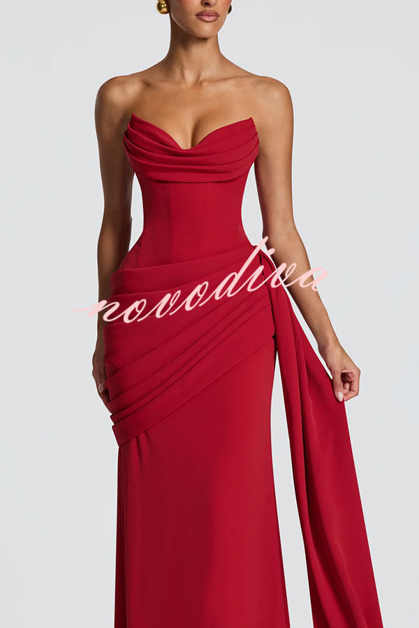 Matisse Strapless Pleated Cowl Overlay Back Lace-up Drape Panel Maxi Dress