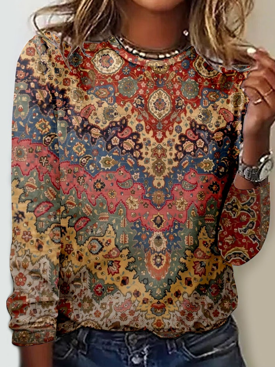 Dames Casual Shirt met Abstract Grafische Print en Ronde Hal