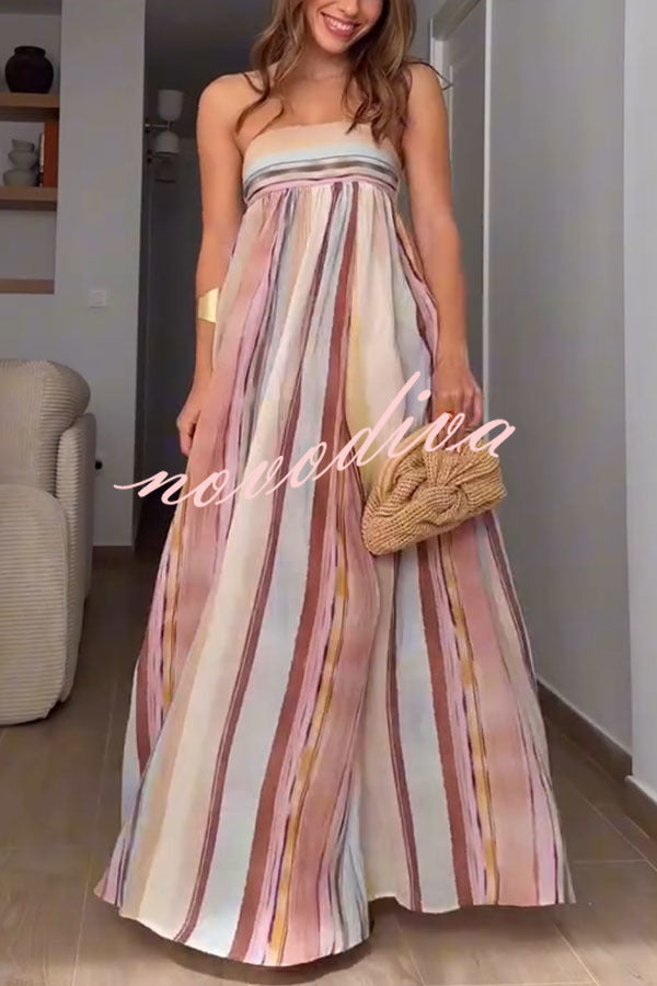 Sindie Linen Blend Colorful Striped Print Back Smocked Strpless Flare Maxi Dress