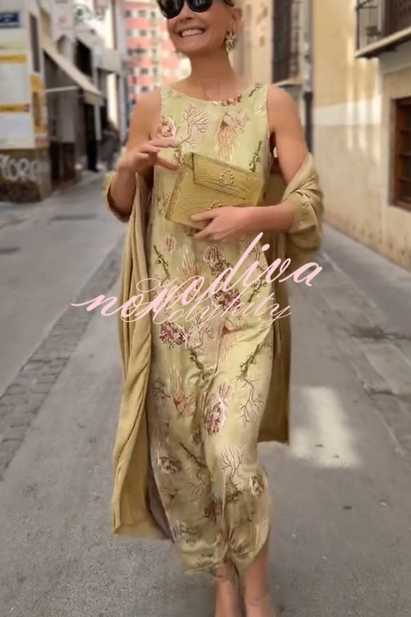 Riviera Unique Print Slit Tank Midi Dress and Satin Kimono Cover-up Two Pieces Set