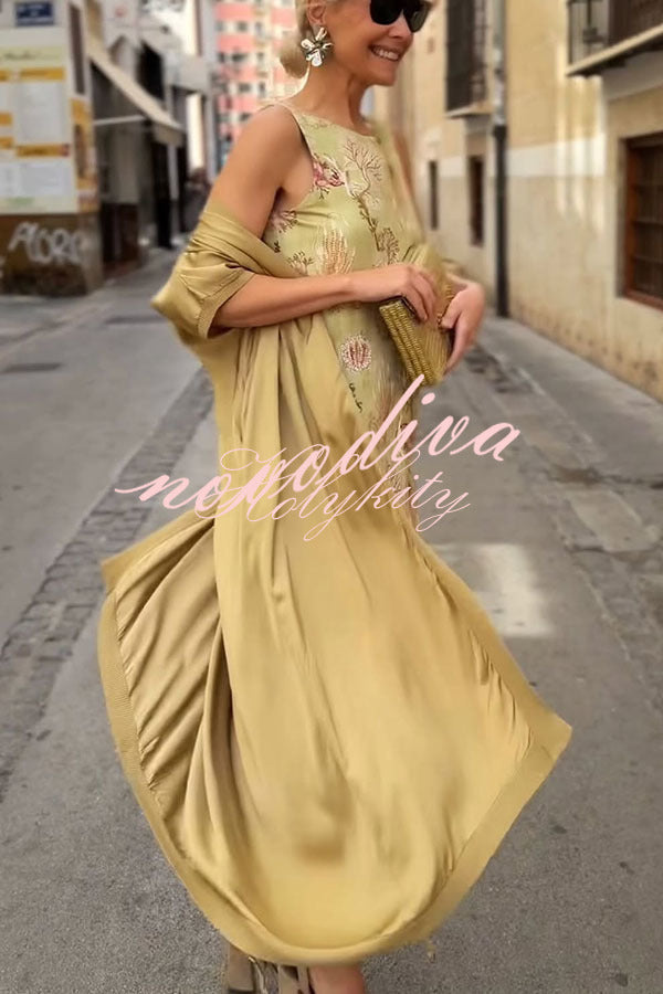 Riviera Unique Print Slit Tank Midi Dress and Satin Kimono Cover-up Two Pieces Set