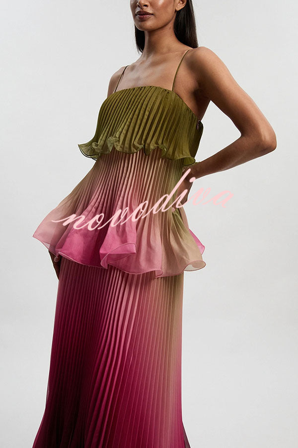 Exquisite Pleated Organza Gradient Print Layered Ruffles Slip Maxi Dress