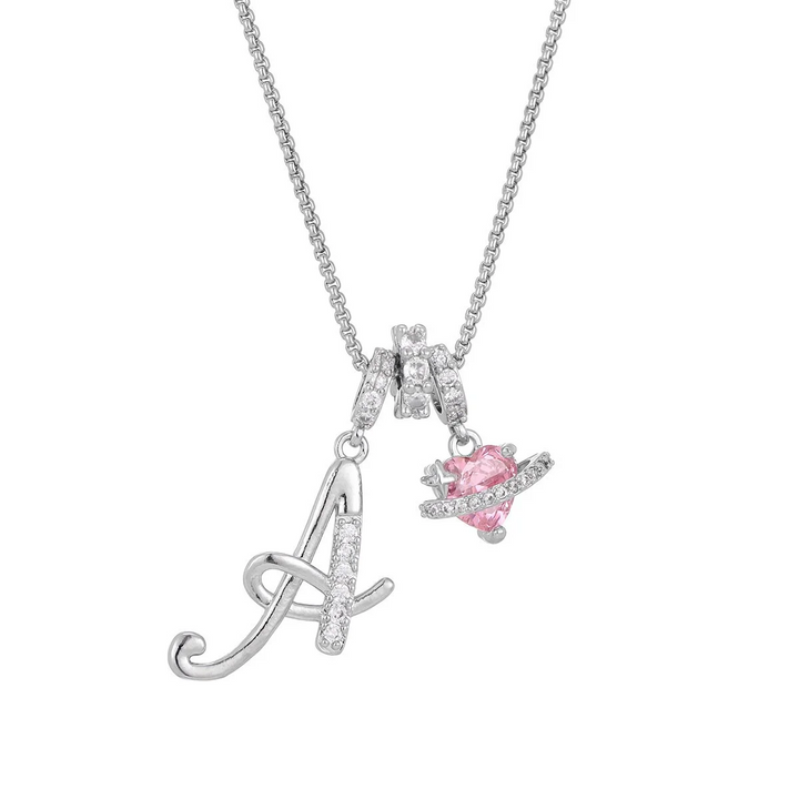 Carmelle - Collier Initiale Avec Cœur Rose Brillant