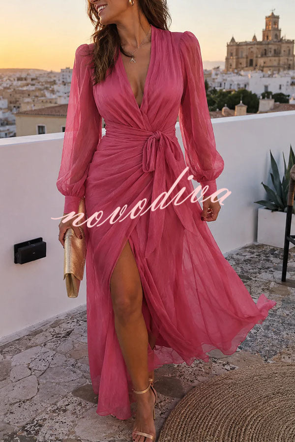 Sunset Elegance: Sheer Long Sleeve Wrap Dress in Hot Pink