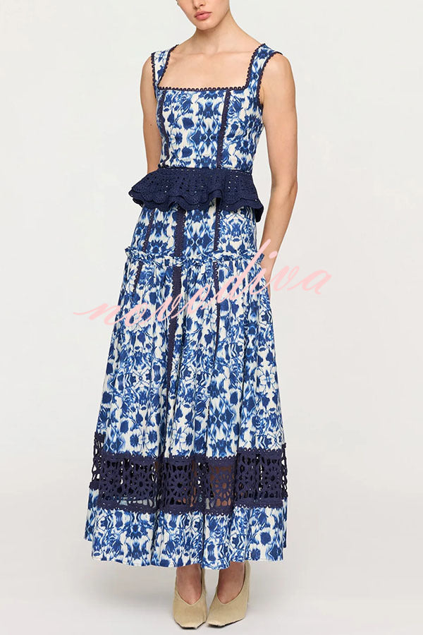 Giselle Floral Print Crochet Lace Trim Smocked Tank and Elastic Waist A-line Maxi Skirt Set