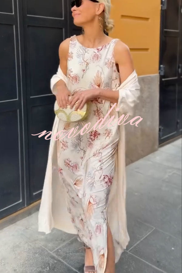 Riviera Unique Print Slit Tank Midi Dress and Satin Kimono Cover-up Two Pieces Set