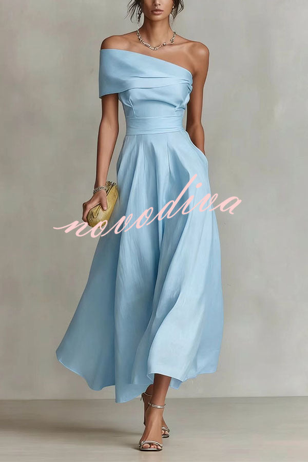 Chic One-Shoulder A-Line Midi Dress with Pockets