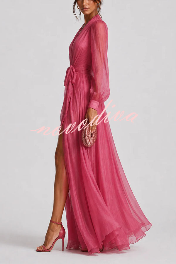 Sunset Elegance: Sheer Long Sleeve Wrap Dress in Hot Pink