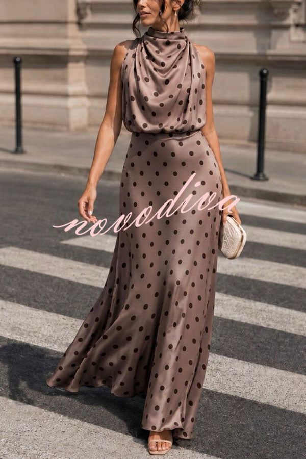 Parisian Satin Polka Dot Print High Neck Sleeveless Drape Maxi Dress