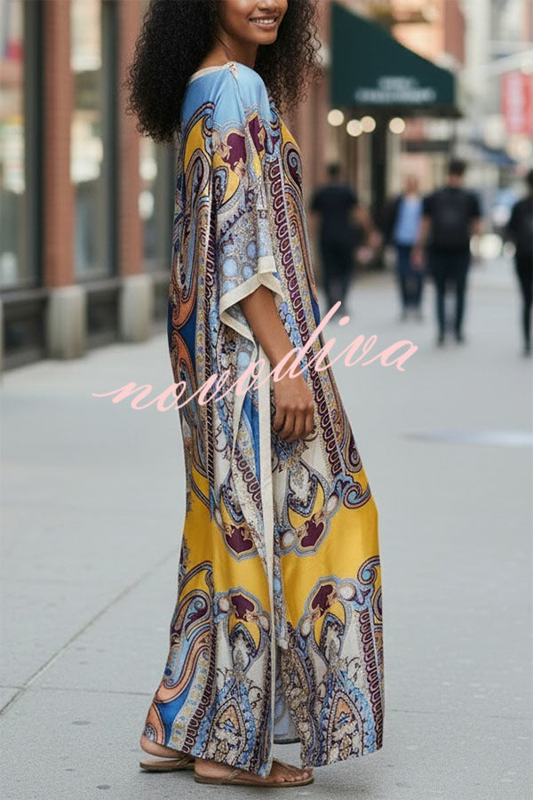 Luxury Vacation Satin Court-style Printed Batwing Sleeve Loose Kaftan Maxi Dress