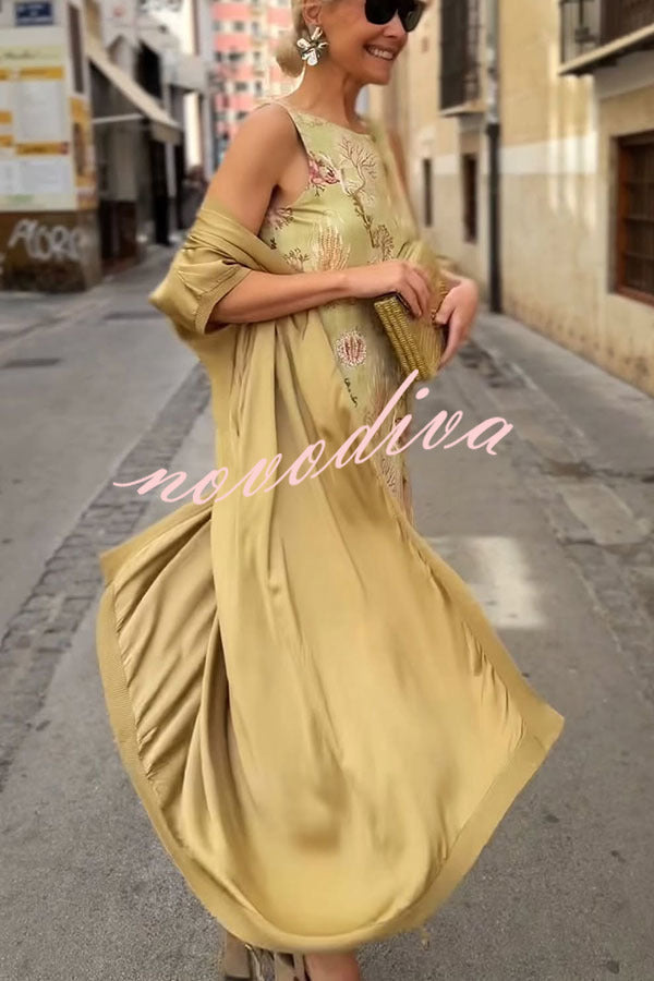 Riviera Unique Print Slit Tank Midi Dress and Satin Kimono Cover-up Two Pieces Set