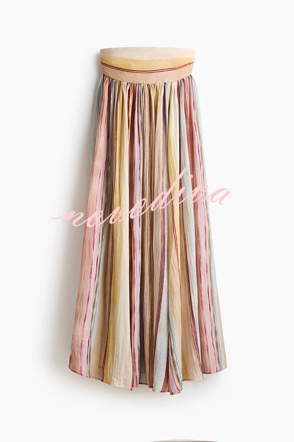 Sindie Linen Blend Colorful Striped Print Back Smocked Strpless Flare Maxi Dress