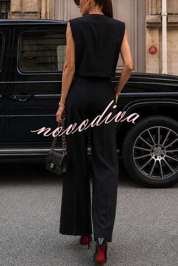 Office Hours V-neck Button Tank and Pleated High Rise Pocket Loose Pants Set