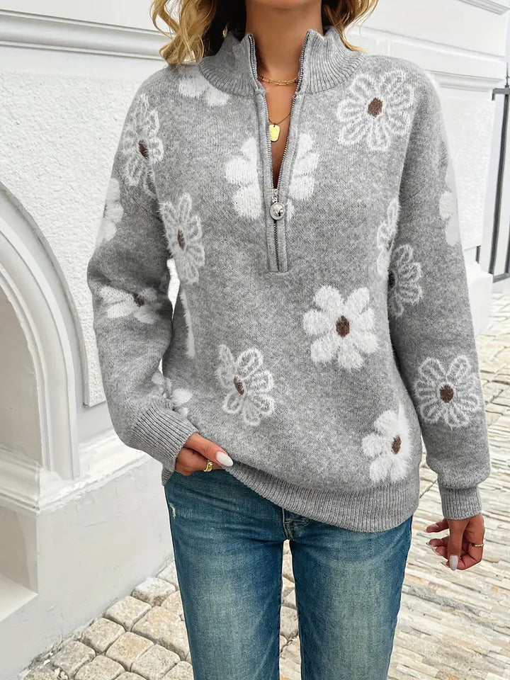 Pauline - Sweater à zip floral à épaules tombantes