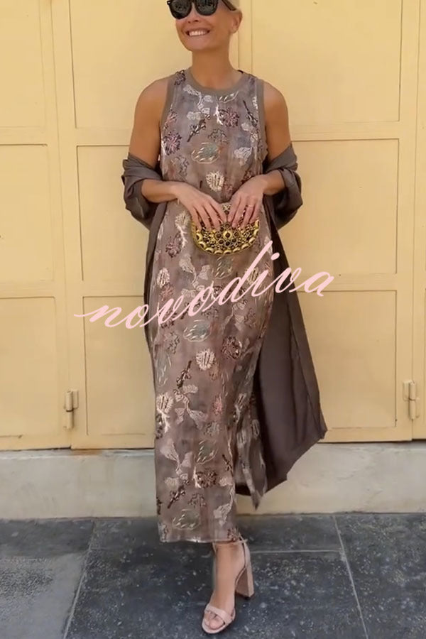 Riviera Unique Print Slit Tank Midi Dress and Satin Kimono Cover-up Two Pieces Set