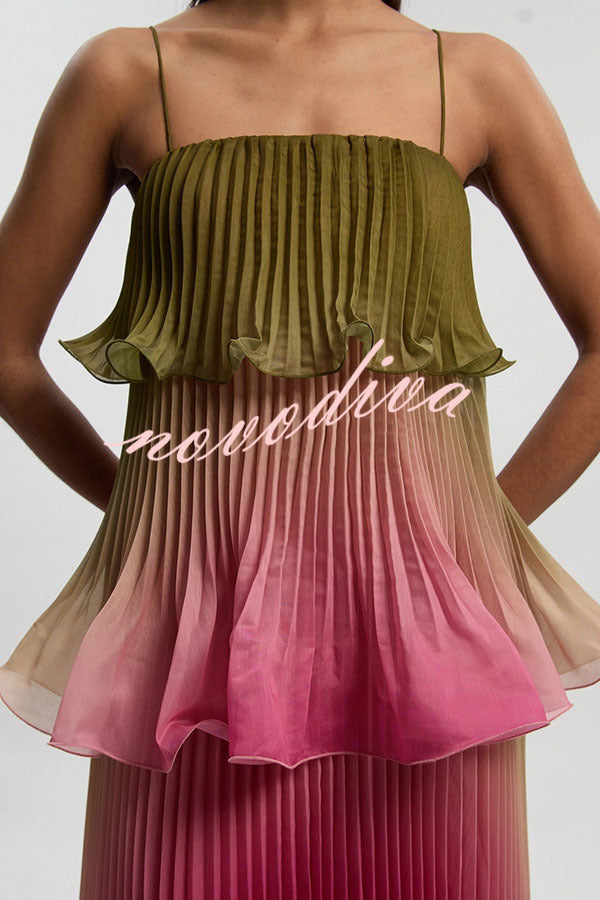 Exquisite Pleated Organza Gradient Print Layered Ruffles Slip Maxi Dress