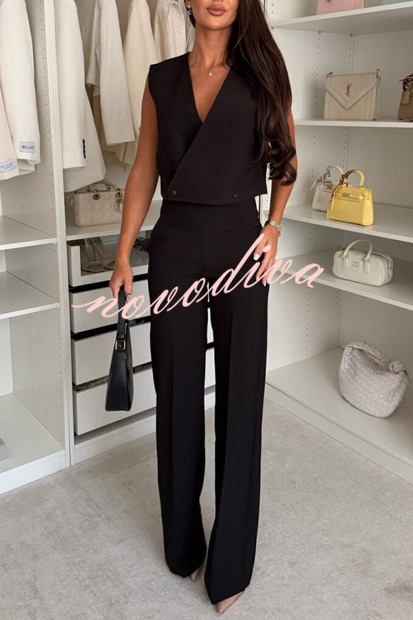 Office Hours V-neck Button Tank and Pleated High Rise Pocket Loose Pants Set