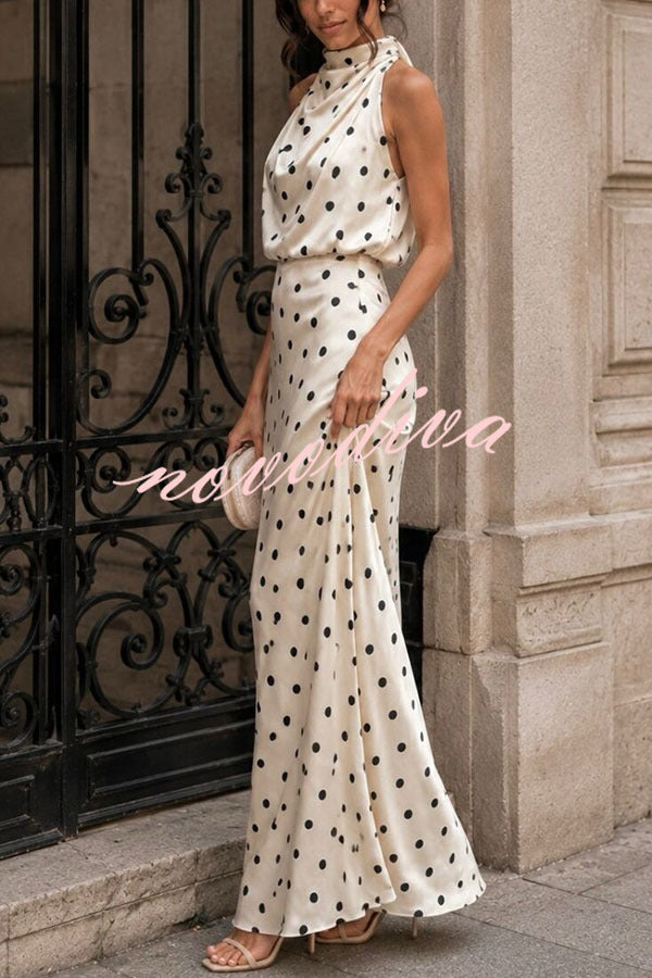 Parisian Satin Polka Dot Print High Neck Sleeveless Drape Maxi Dress