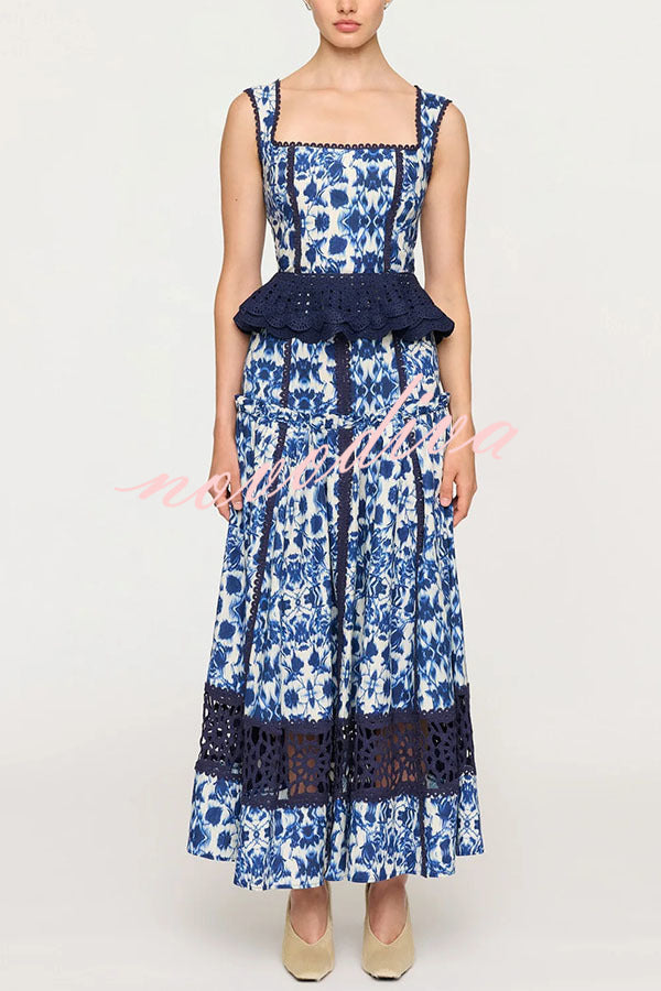 Giselle Floral Print Crochet Lace Trim Smocked Tank and Elastic Waist A-line Maxi Skirt Set