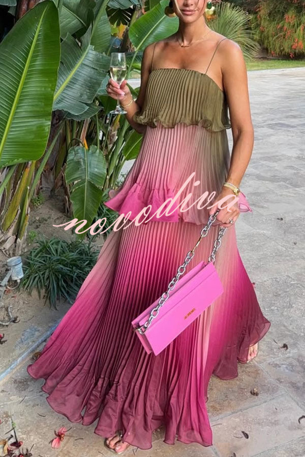 Exquisite Pleated Organza Gradient Print Layered Ruffles Slip Maxi Dress