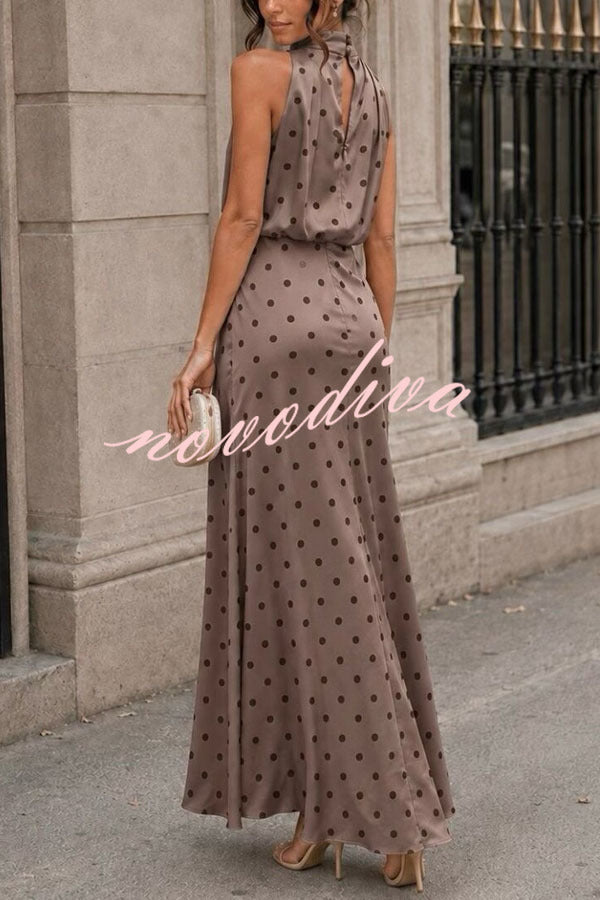 Parisian Satin Polka Dot Print High Neck Sleeveless Drape Maxi Dress