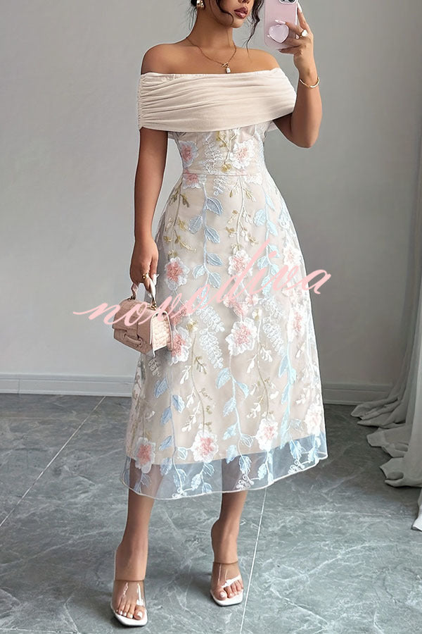 Elegant Ruched Off-Shoulder Floral Appliqué Midi Dress
