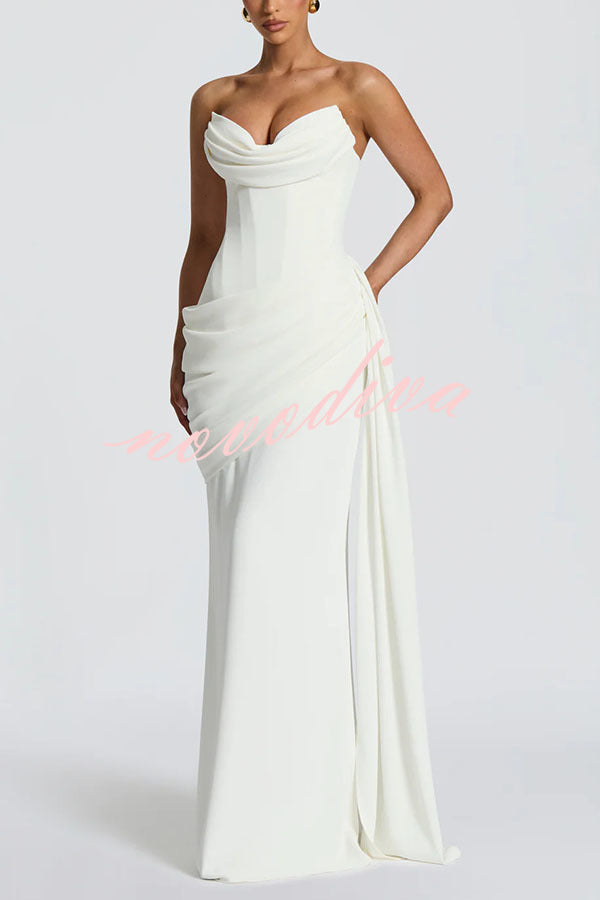 Matisse Strapless Pleated Cowl Overlay Back Lace-up Drape Panel Maxi Dress