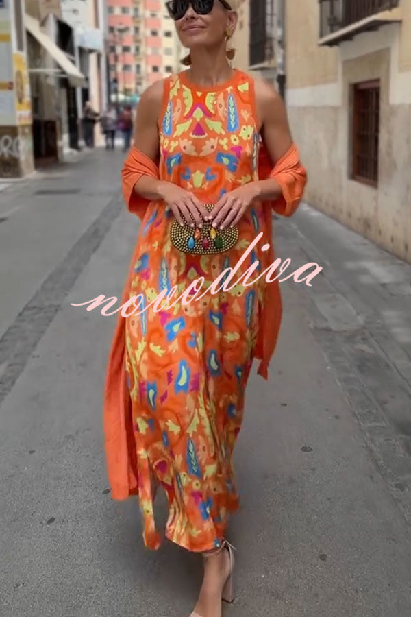 Riviera Unique Print Slit Tank Midi Dress and Satin Kimono Cover-up Two Pieces Set