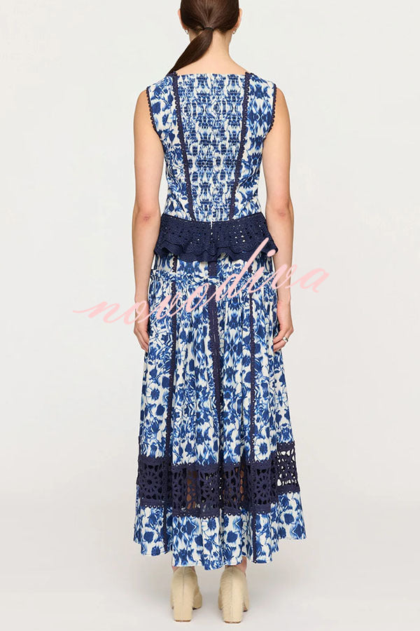 Giselle Floral Print Crochet Lace Trim Smocked Tank and Elastic Waist A-line Maxi Skirt Set