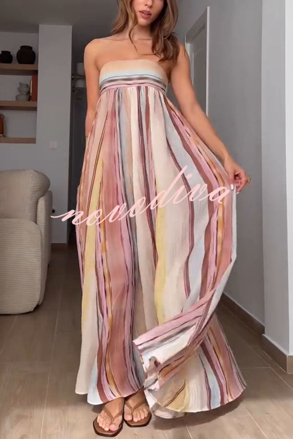 Sindie Linen Blend Colorful Striped Print Back Smocked Strpless Flare Maxi Dress