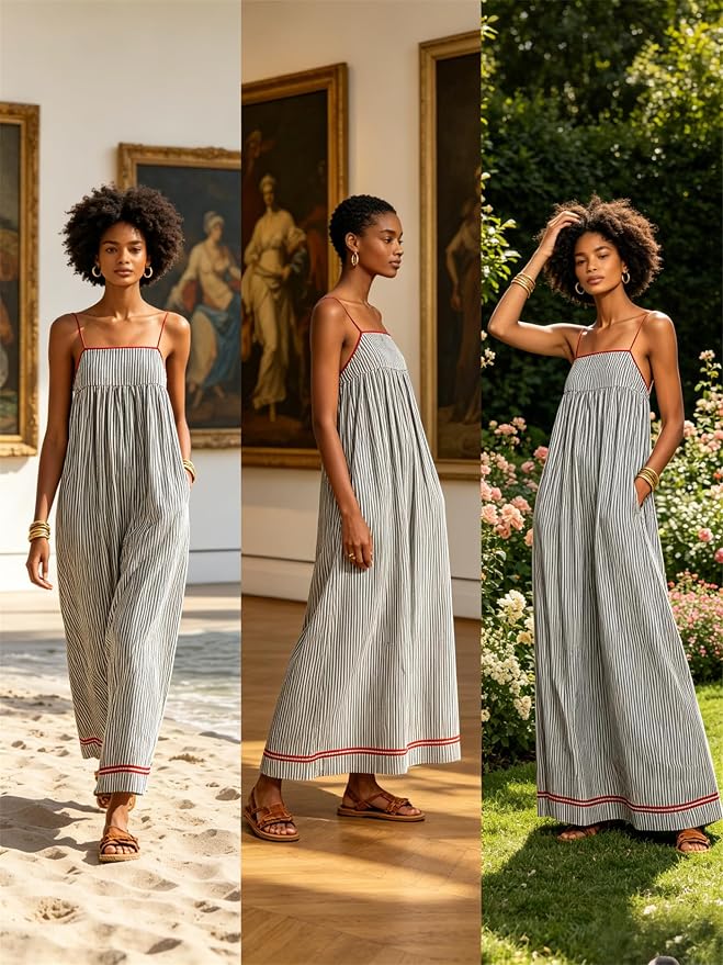 Robe maxi à rayures et bordures contrastées
