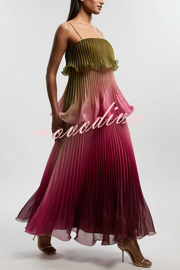Exquisite Pleated Organza Gradient Print Layered Ruffles Slip Maxi Dress