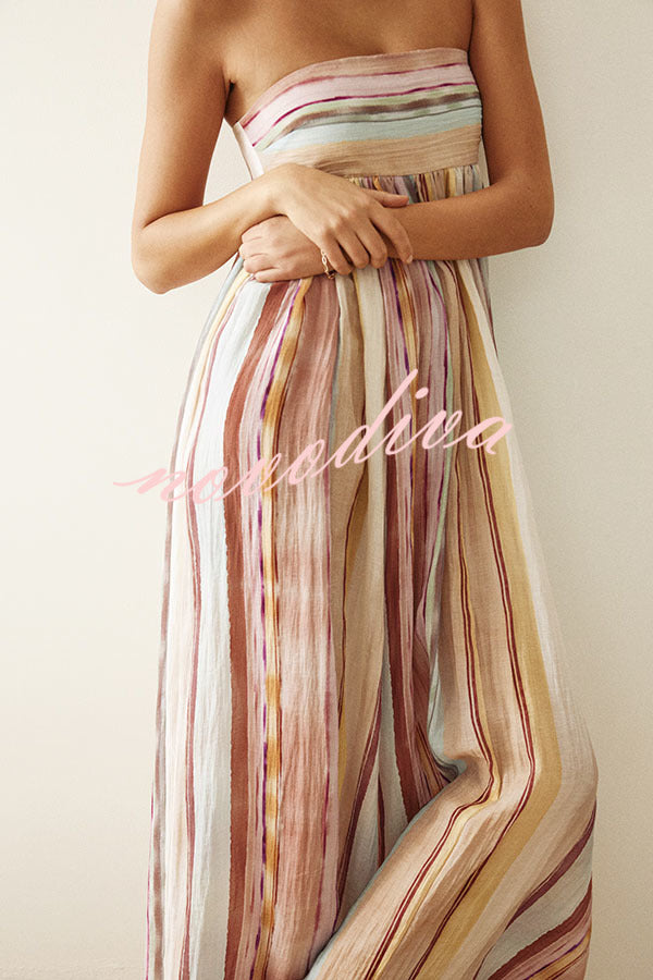 Sindie Linen Blend Colorful Striped Print Back Smocked Strpless Flare Maxi Dress
