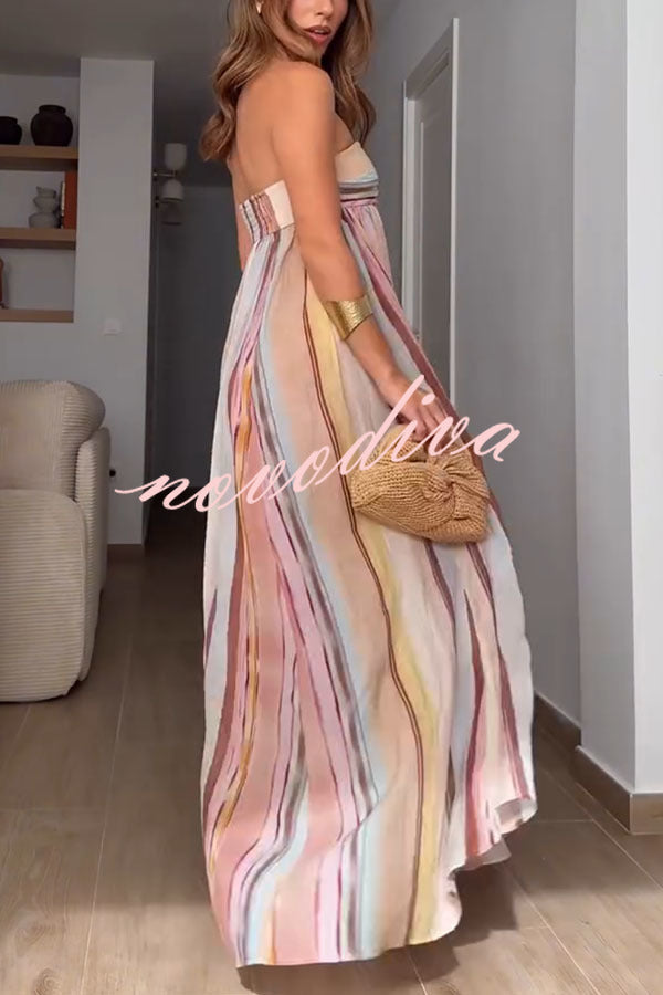 Sindie Linen Blend Colorful Striped Print Back Smocked Strpless Flare Maxi Dress