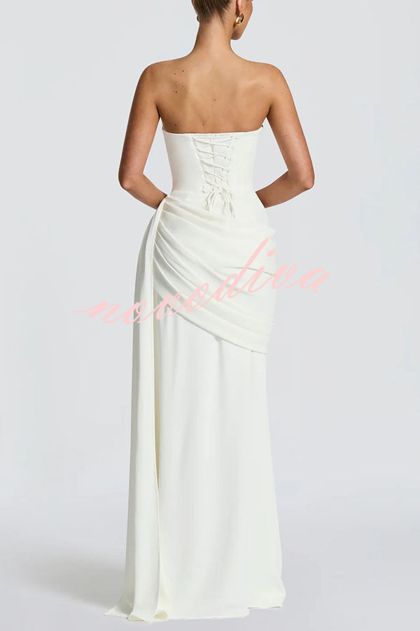 Matisse Strapless Pleated Cowl Overlay Back Lace-up Drape Panel Maxi Dress
