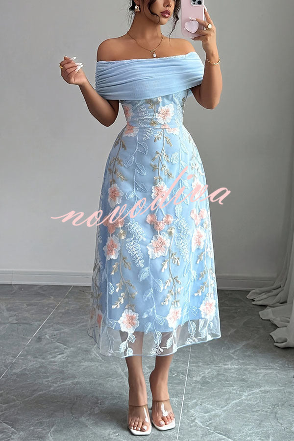 Elegant Ruched Off-Shoulder Floral Appliqué Midi Dress