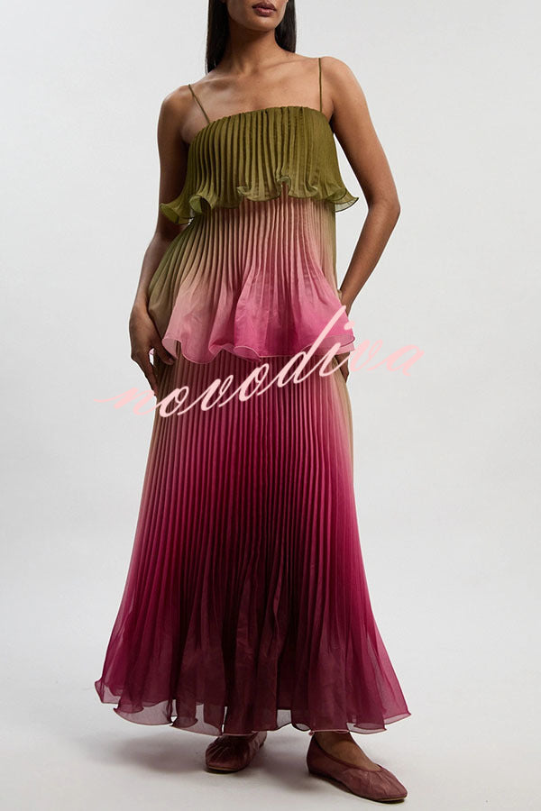 Exquisite Pleated Organza Gradient Print Layered Ruffles Slip Maxi Dress